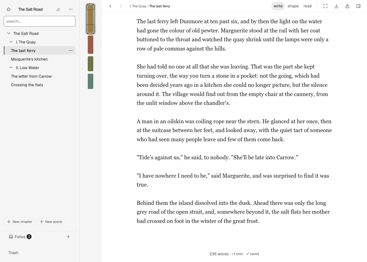The editor, with the scene The last ferry on the page.