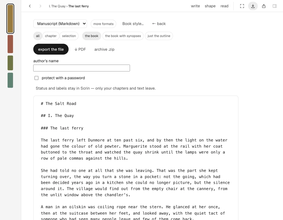 The export panel: format settings and a live preview of the result.