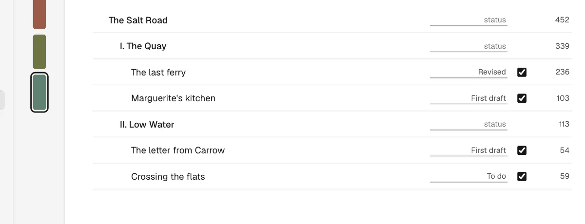 The outline view: chapters and scenes in editable columns.